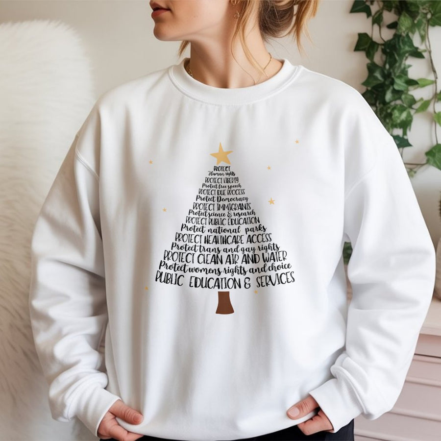 Social Justice Christmas Sweatshirt | Progressive Human Rights Activism Tree Design | Premium Cotton Blend | Holiday Gift For Liberal Activists