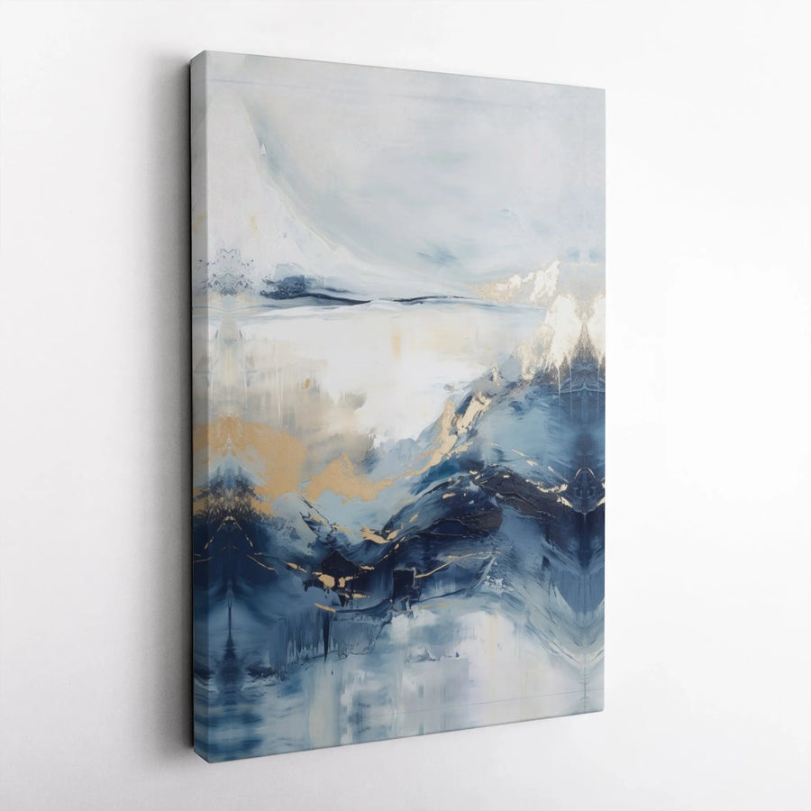 Abstract Blue Seascape Canvas Wall Art | Gold Foil Effect Modern Painting | Premium Gallery Wrap Print | Luxury Coastal Home Decor Gift