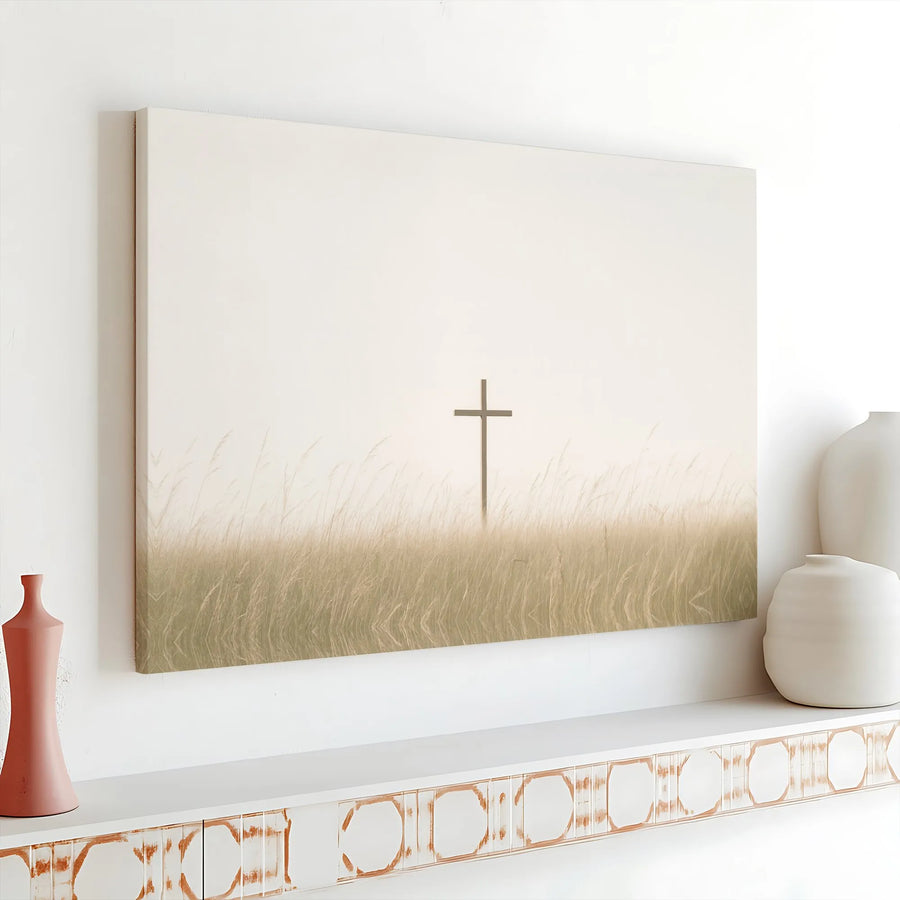 Christian Cross Canvas Wall Art | Minimalist Rustic Field Landscape | Premium High-Resolution Print | Inspirational Religious Home Decor Gift