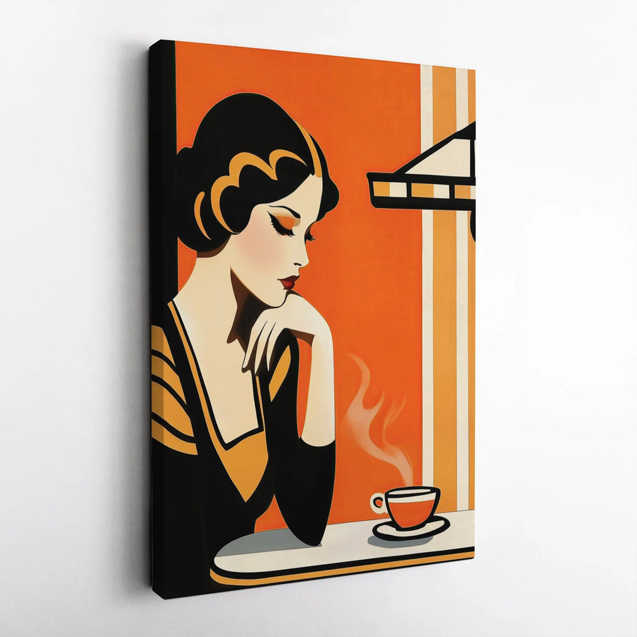 Art Deco Woman Coffee Wall Art | Vintage Cafe Poster Print | Premium Gallery Wrapped Canvas | Elegant Home Decor Gift