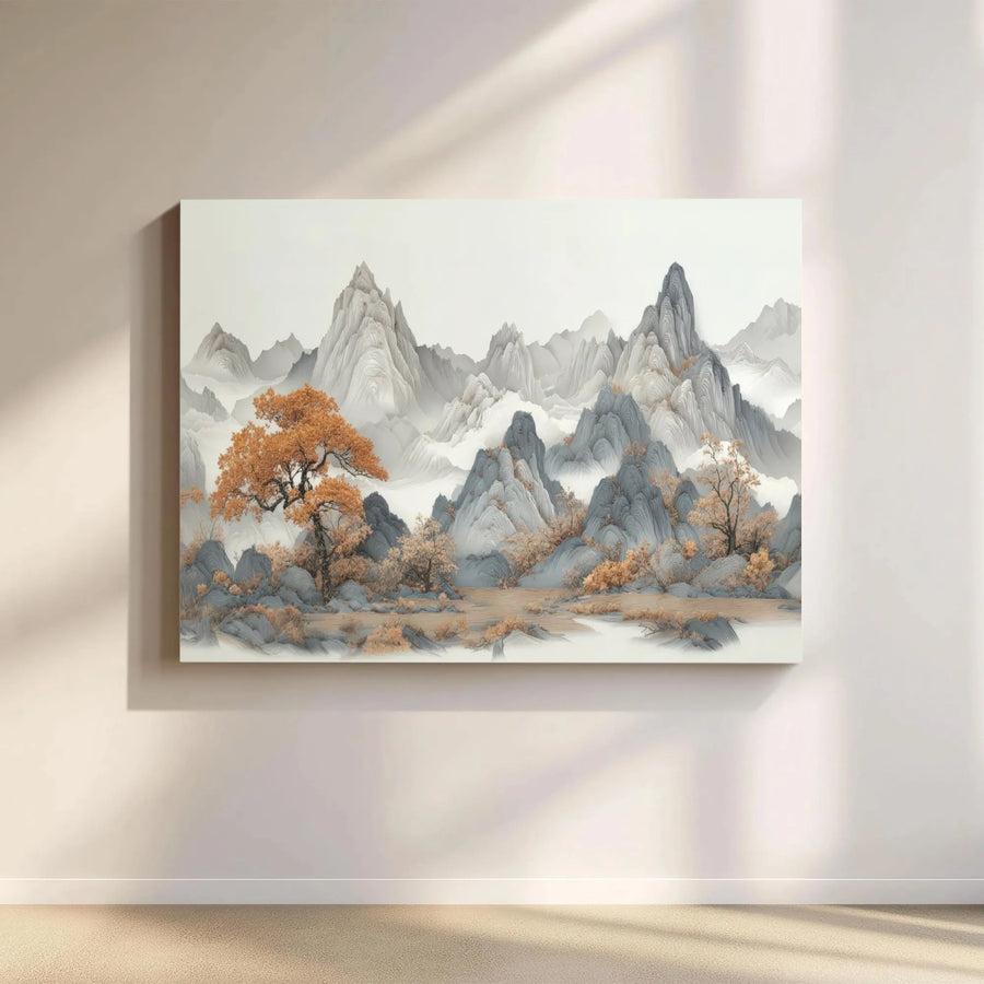 Japanese Mountain Canvas Wall Art | Textured Oriental Landscape with Golden Trees | Premium 1.25" Gallery Wrapped Canvas | Minimalist Home Decor Gift