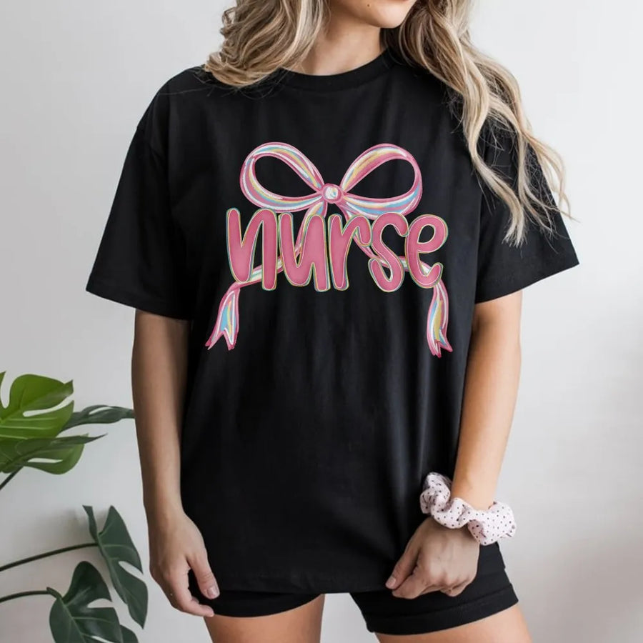 Nurse Coquette Bow T-Shirt | Trendy Girly Pink Nursing Aesthetic | Soft 100% Cotton Premium Tee | Cute RN Appreciation Gift for Women & Nurses