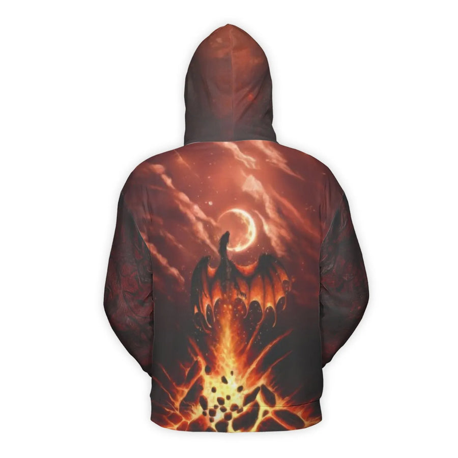 Fiery Red Dragon 3D Hoodie | Volcano Moon Fantasy Graphic Print | Premium Polyester Fleece Pullover | Unisex Gift for Fantasy Lovers
