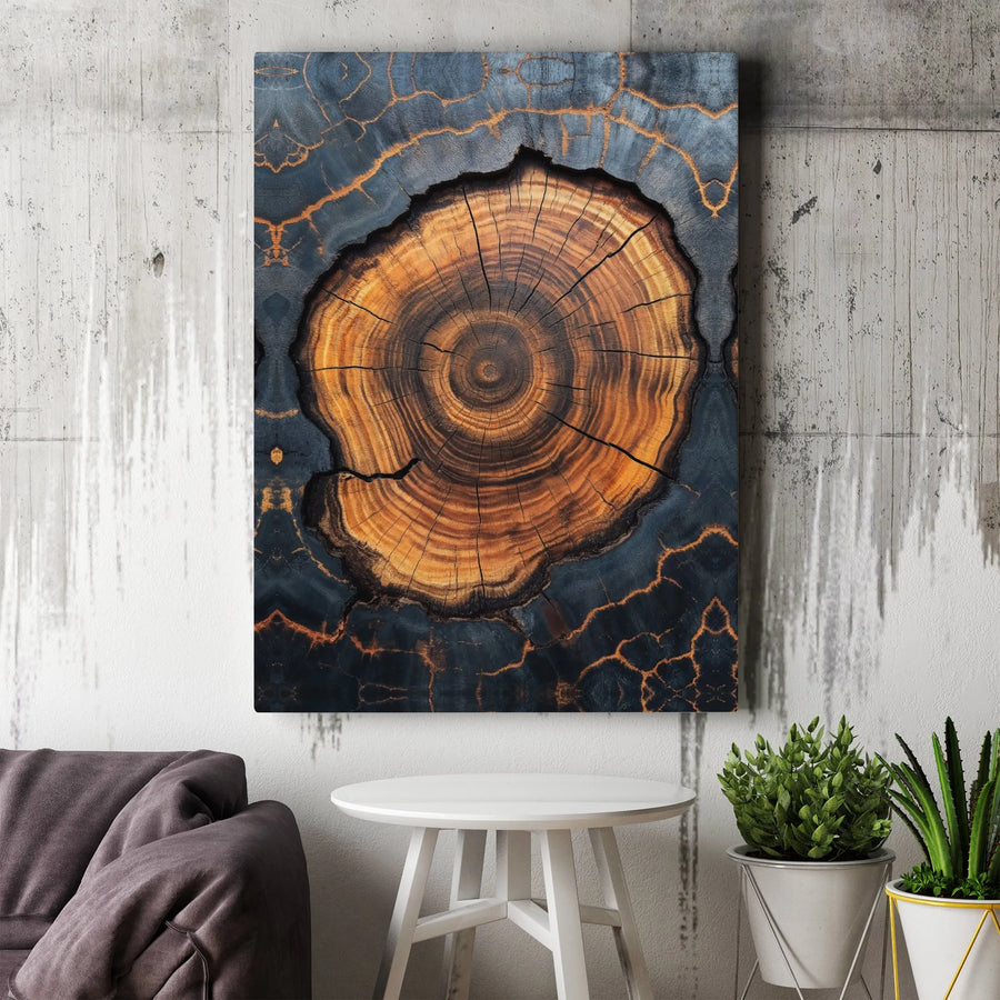 Abstract Tree Ring Wall Art | Charred Wood With Golden Cracks | Premium Fade-Resistant Canvas | Modern Home & Office Decor Gift