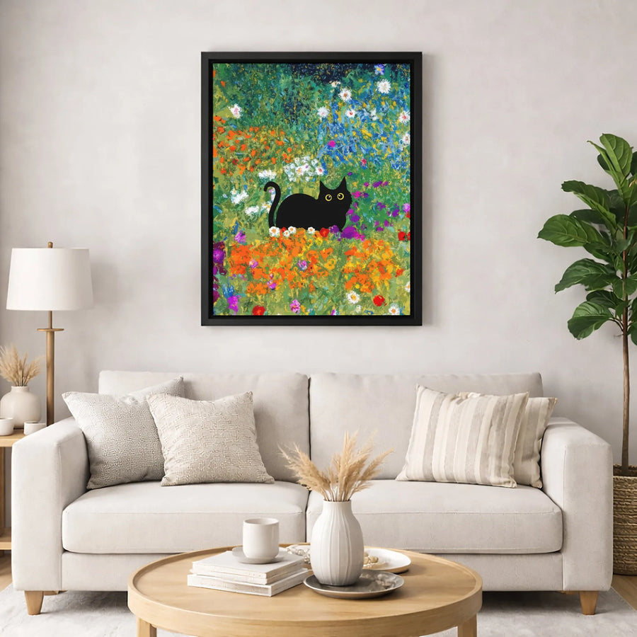 Black Cat Wall Art | Impressionist Flower Garden Canvas Print | 1.25" Gallery Wrapped Premium Quality | Whimsical Home Decor Gift for Cat Lovers