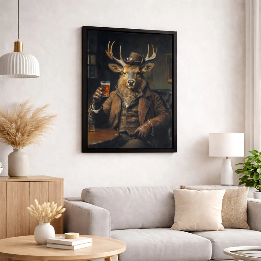 Dapper Deer Canvas Wall Art | Anthropomorphic Stag in Plaid Suit | Premium 1.25" Gallery Wrap | Man Cave Decor and Bar Room Gift