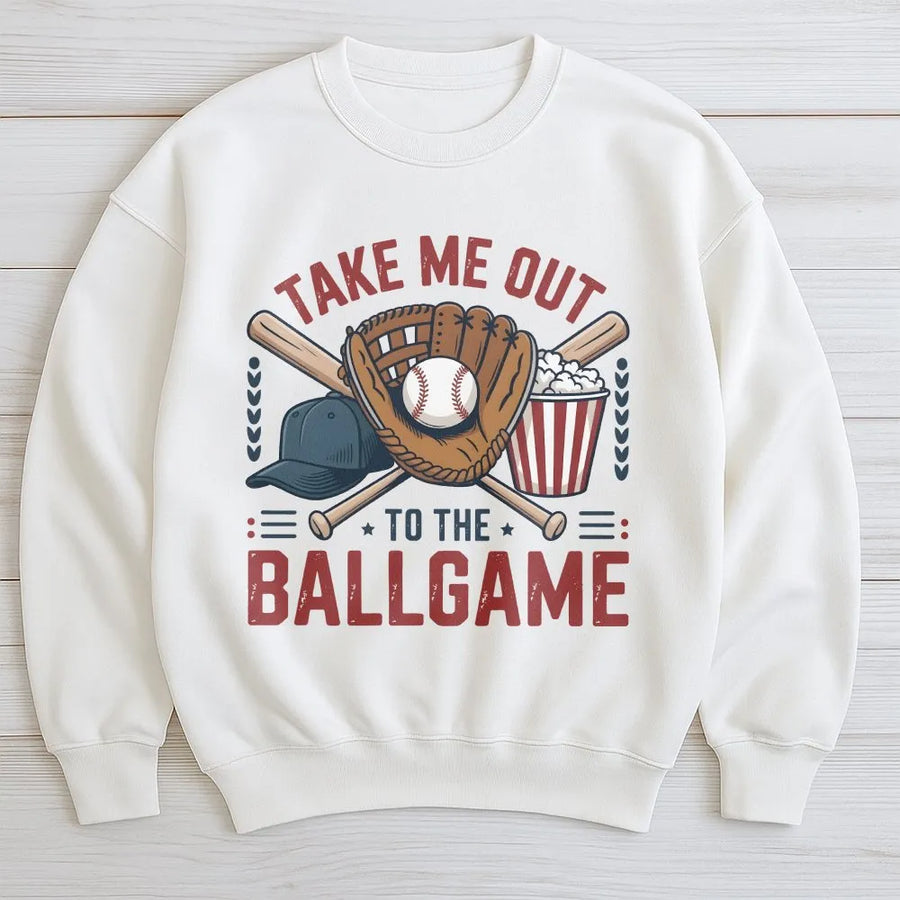 Take Me Out To The Ballgame Sweatshirt | Vintage Graphic with Bats & Glove | Premium Cotton Blend Pullover | Gift for Baseball Mom Dad Fan