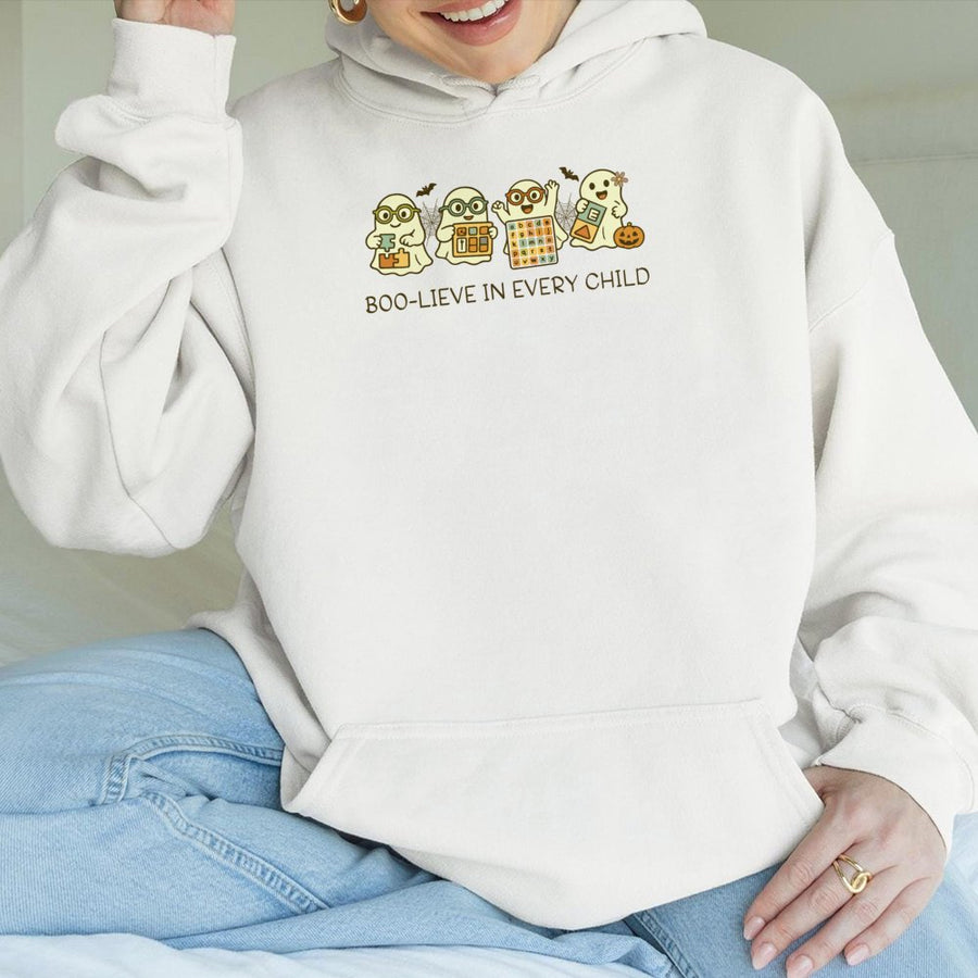 Special Education Teacher Hoodie | Boo-lieve In Every Child Halloween Ghost Graphic | Premium Cotton Blend Sweatshirt | Educator Appreciation Gift