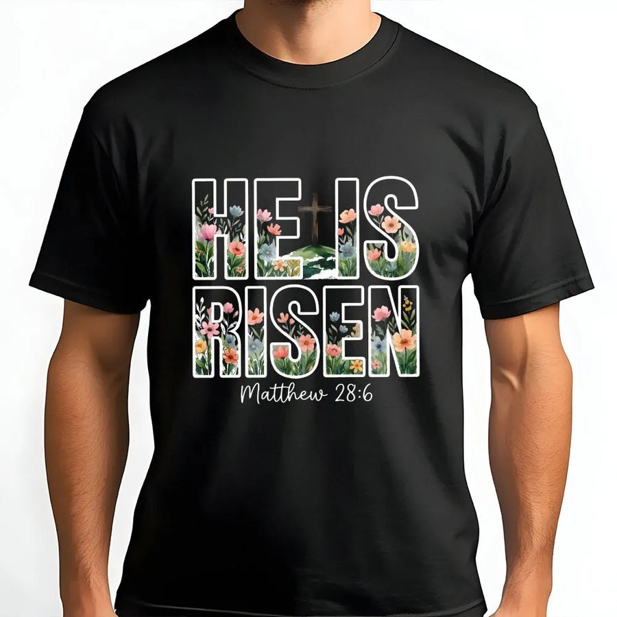 He Is Risen T-Shirt | Floral Cross Graphic with Bible Verse | Soft Cotton Blend Pullover | Christian Easter Gift for Women