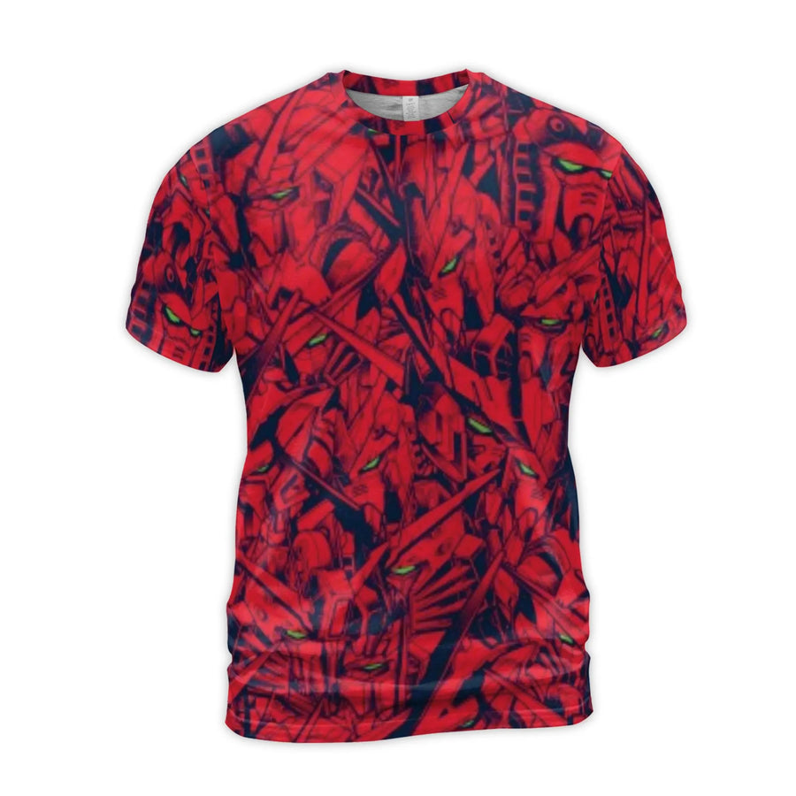Mecha Robot Graphic Tee | All-Over Red Sci-Fi Anime Pattern | Premium Polyester Spandex | Gift for Gamers and Science Fiction Fans