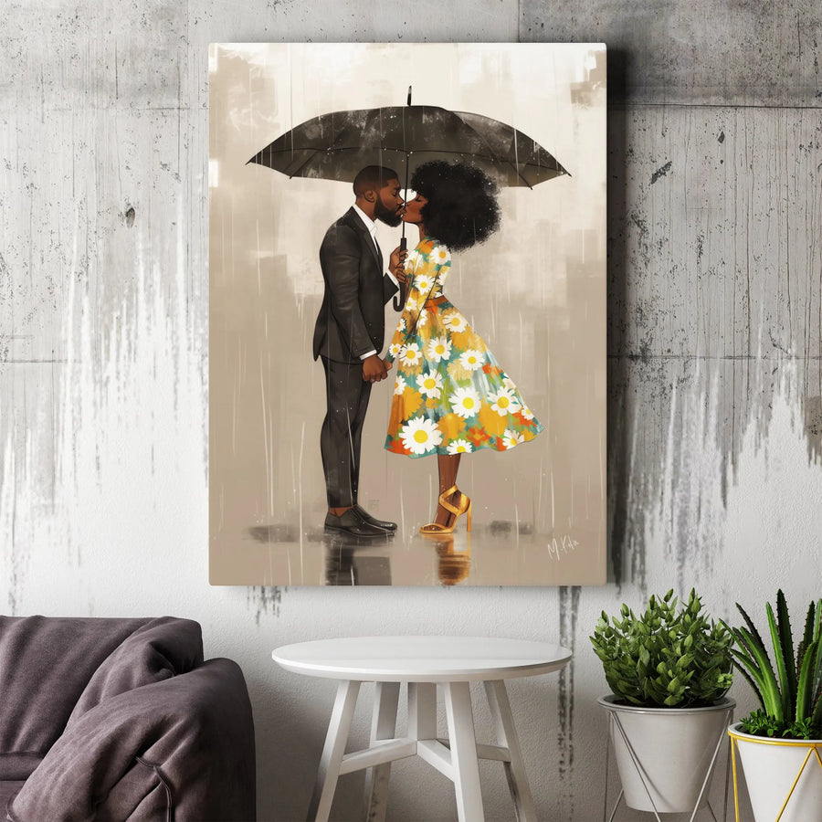 Black Couple Art Canvas | Romantic Kiss in the Rain Print | Premium Gallery Wrapped Canvas | Anniversary Gift for Couples