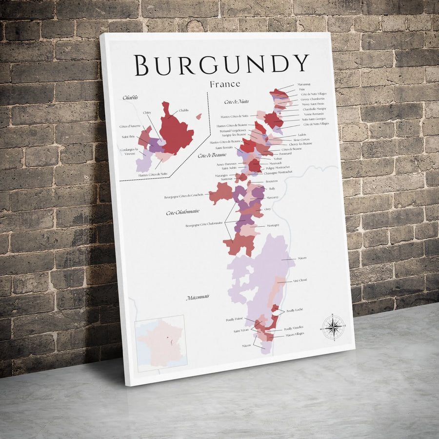 Burgundy Wine Region Map Canvas | French Viticulture Art | Premium Gallery Wrapped Decor | Gift for Wine Lovers and Sommelier