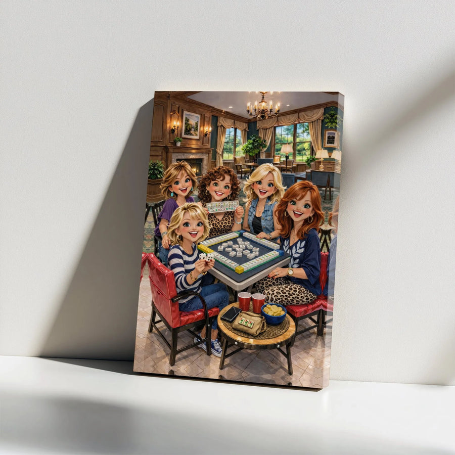 Mahjong Night Canvas Wall Art | Illustrated Women's Game Night Scene | Premium Gallery Wrap Print | Gift for Mahjong Player & Game Room Decor