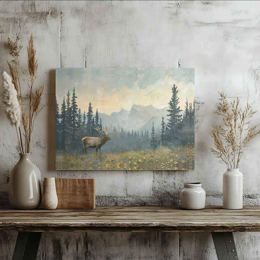 Majestic Elk Wildlife Horizontal Canvas | Misty Mountain Forest Watercolor Art Print | Premium 1.25 Inch Frameless Gallery Wrap | Rustic Lodge Cabin Decor Gift