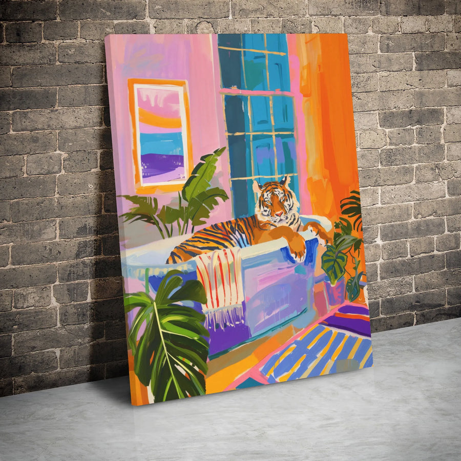 Tiger In Bathtub Canvas Art | Colorful Tropical Bathroom Wall Decor | 1.25" Gallery Wrap | Maximalist Jungle Home Gift