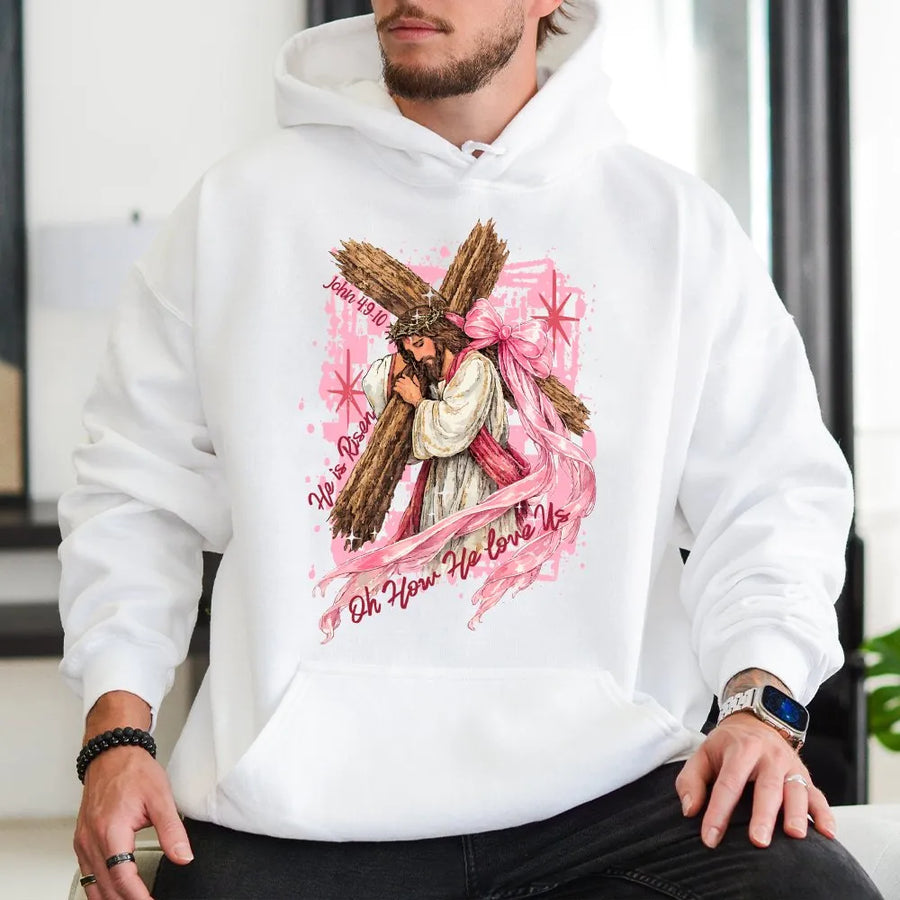He is Risen Hoodie | Jesus Carrying Cross Graphic | Premium Cotton Blend | Christian Faith Easter Gift for Women
