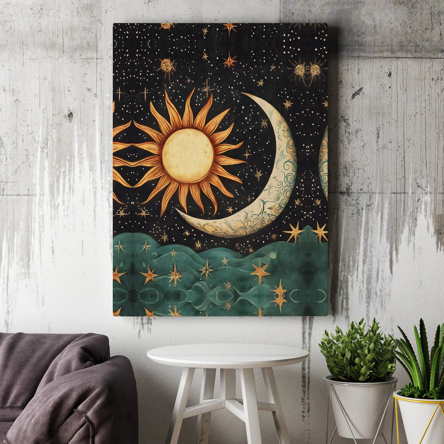 Celestial Sun and Moon Canvas Art | Boho Galaxy Wall Decor | Gallery Wrapped Premium Print | Mystical Cosmic Gift for Home Office