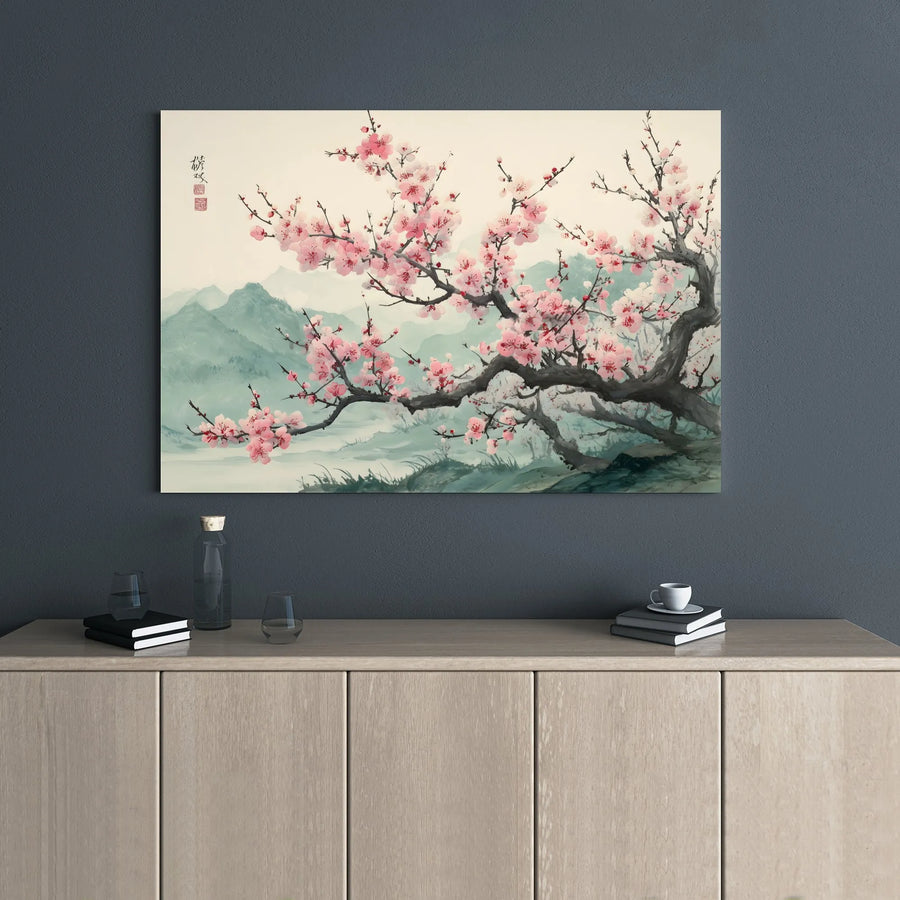 Cherry Blossom Wall Art | Asian Ink Painting with Misty Mountains | Premium Gallery Wrap Canvas | Zen Home Decor Gift for Nature Lovers