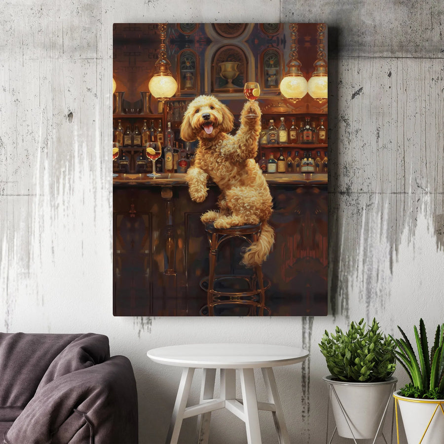 Goldendoodle Dog Canvas Art | Funny Pub Bar Scene Toast | Premium Gallery Wrap Wall Decor | Unique Gift for Dog Lovers