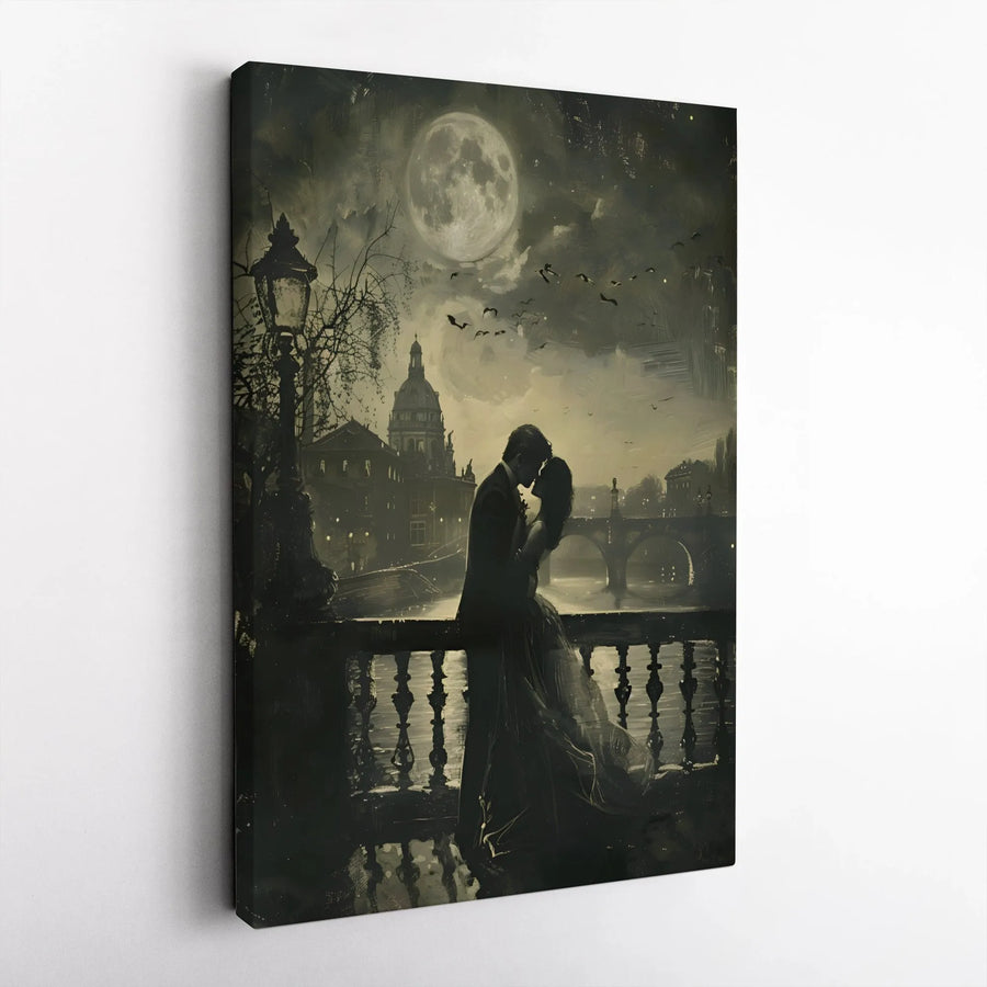 Romantic Couple Canvas Art | Moonlight Gothic City Scenery | Premium Gallery Wrap Print | Anniversary Gift for Couples