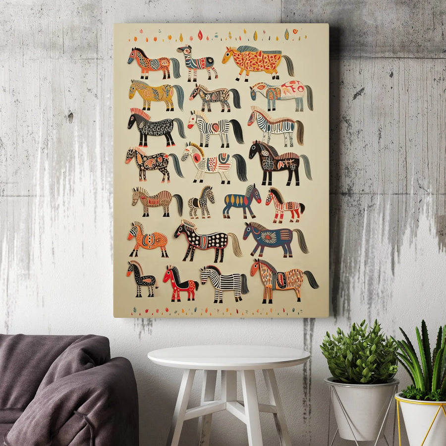 Folk Art Horse Wall Art | Colorful Tribal Equine Print | Premium Gallery Wrapped Canvas | Bohemian Home Decor Gift
