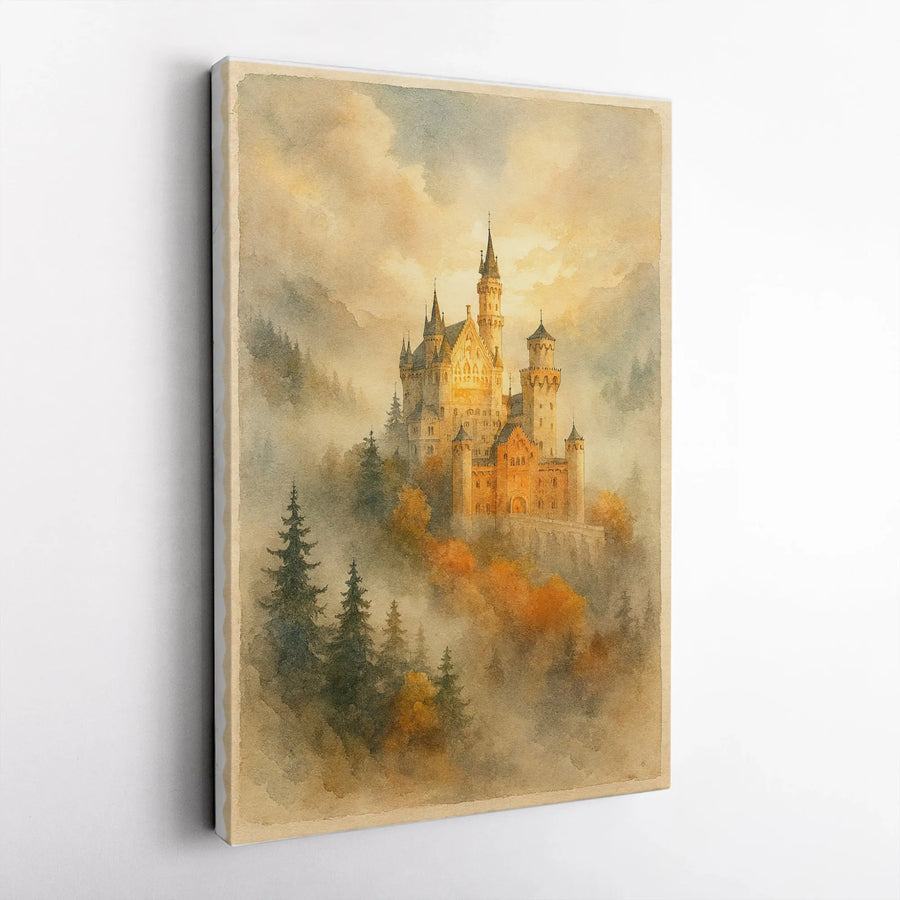 Neuschwanstein Castle Canvas Wall Art | Watercolor Autumn Forest Landscape | Premium 1.25 Inch Gallery Wrap | Fairytale Home Decor Gift