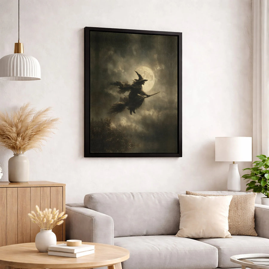 Witch Flying Wall Art | Gothic Full Moon Silhouette Print | Premium Gallery Wrapped Canvas | Spooky Halloween Home Decor Gift