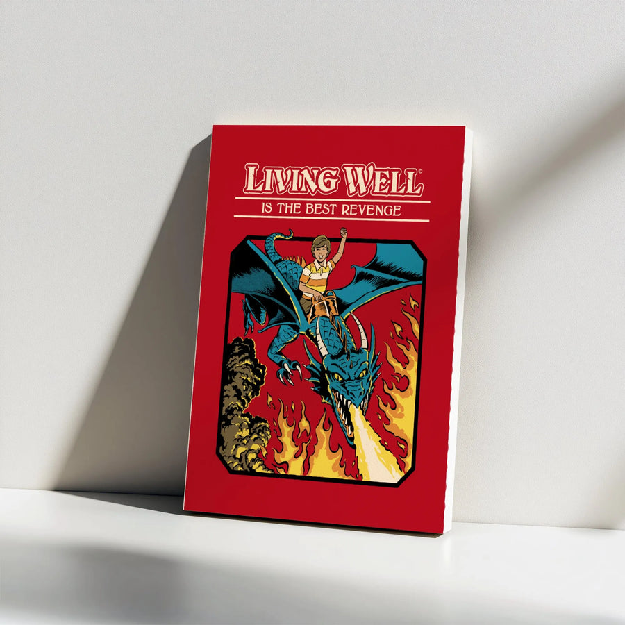 Living Well Is The Best Revenge Canvas | Vintage Dragon Rider Comic Art | Premium Fade-Resistant Print | Motivational Wall Decor Gift