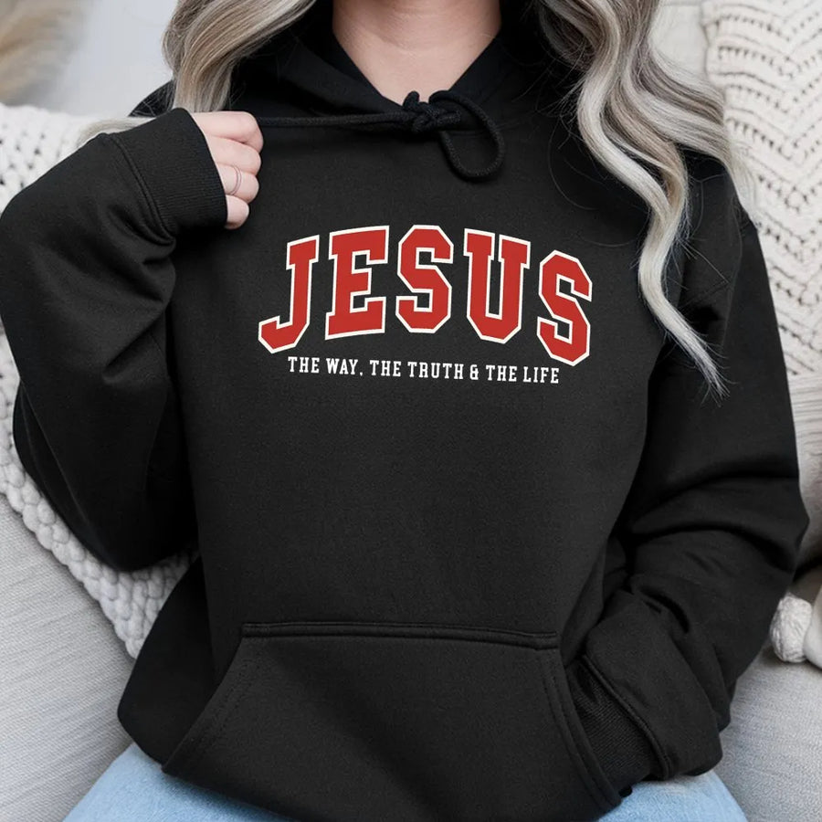 Jesus The Way The Truth The Life Hoodie | Varsity Lettering Aesthetic | Premium Cotton Blend | Christian Faith Gift Apparel