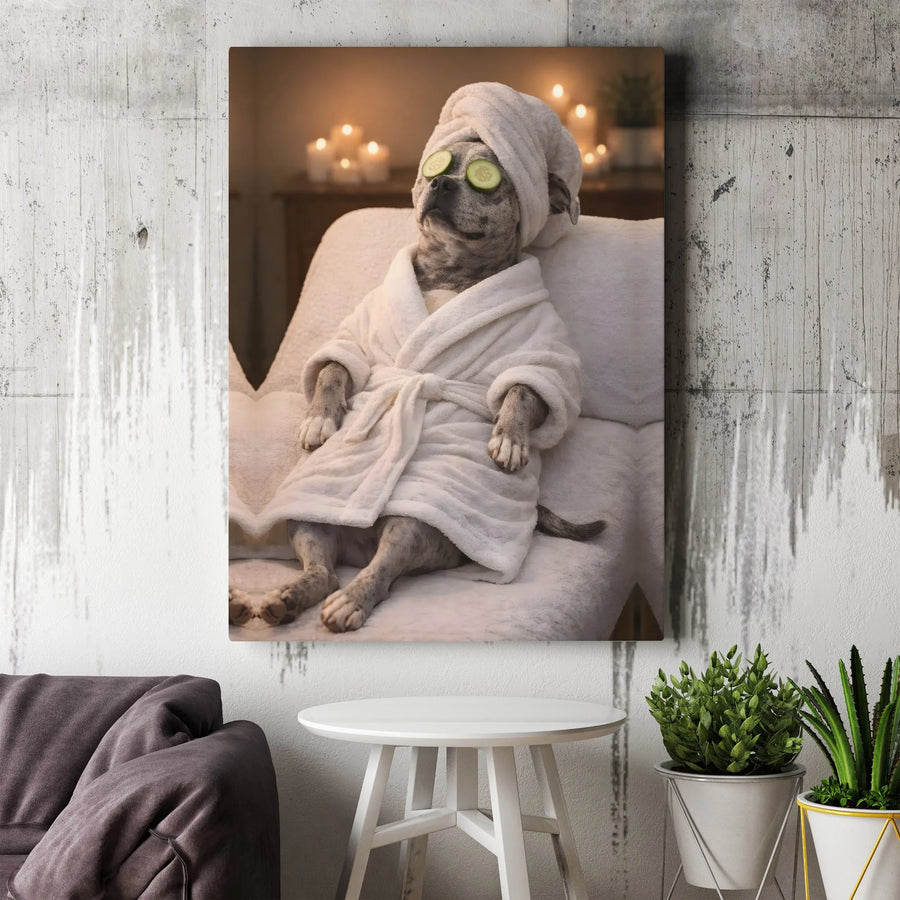 Funny Dog Spa Canvas Wall Art | Relaxing Puppy in Bathrobe Portrait | Premium Gallery Wrap Print | Whimsical Bathroom Decor Gift for Dog Lovers