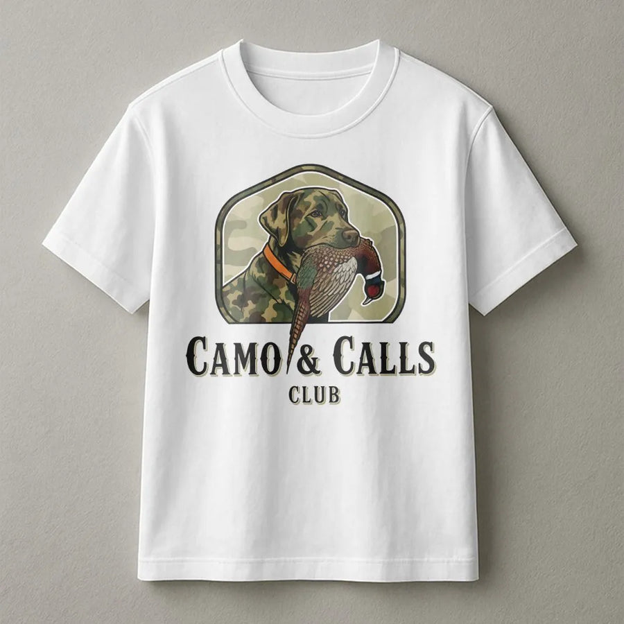Pheasant Hunting T-Shirt | Camo Labrador Retriever Graphic | Premium 100% Cotton | Gift For Upland Bird Hunter And Dog Lover