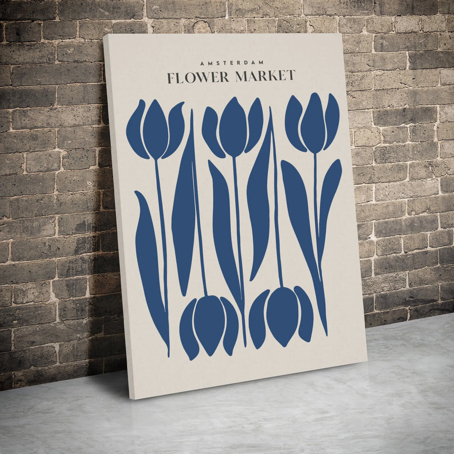 Amsterdam Flower Market Canvas Wall Art | Blue Tulip Botanical Illustration | Premium Gallery Wrapped Decor | Modern Minimalist Home Gift