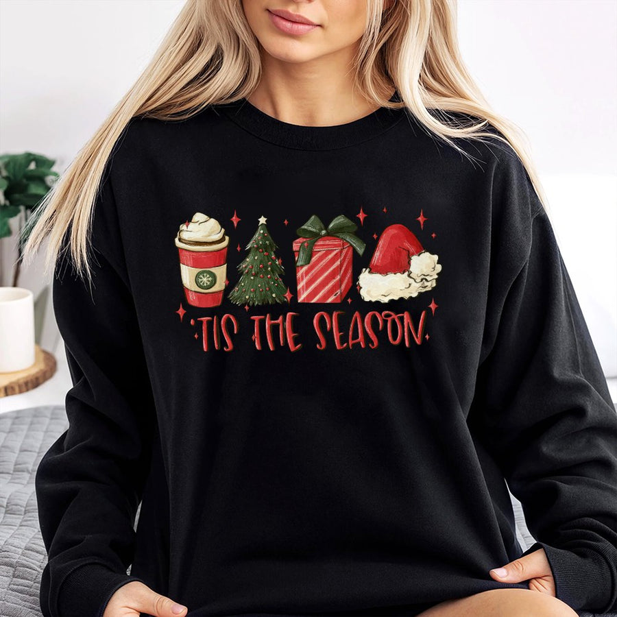 Tis The Season Sweatshirt | Cute Christmas Coffee Tree Graphic | Premium Cotton Blend | Holiday Gift for Women and Men