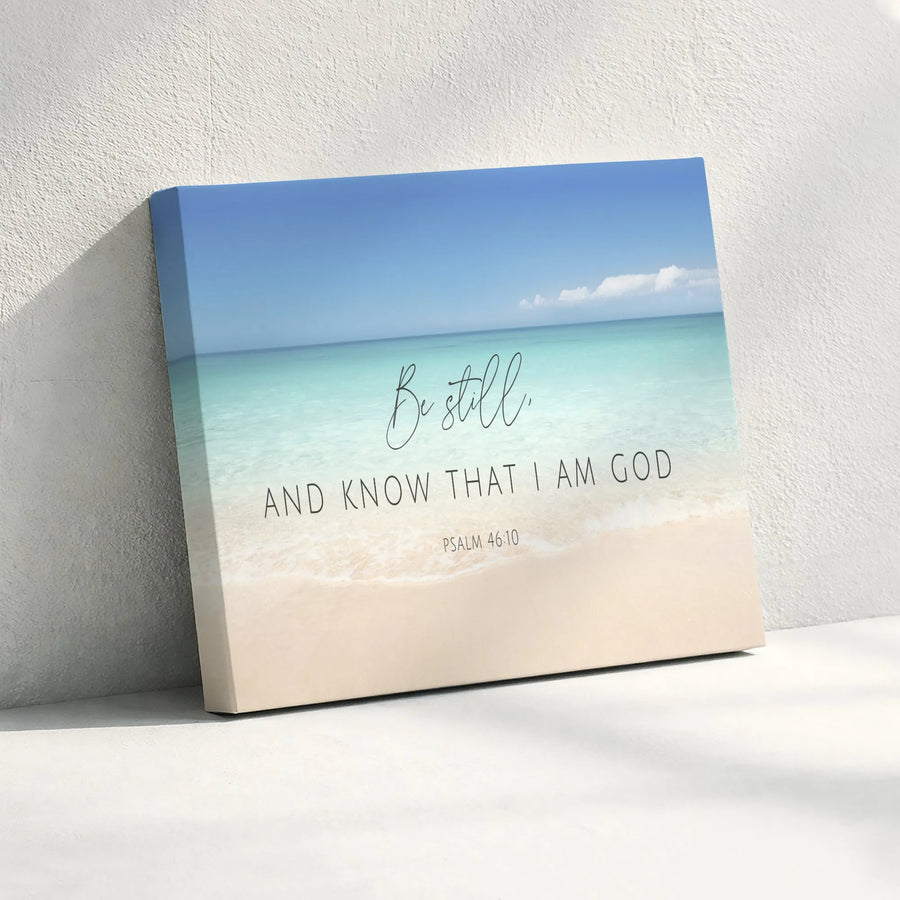 Psalm 46 10 Scripture Horizontal Canvas | Be Still Beach Ocean Scene Wall Art | Fade-Resistant Gallery Wrap | Encouragement Gift, Christian Home Decor