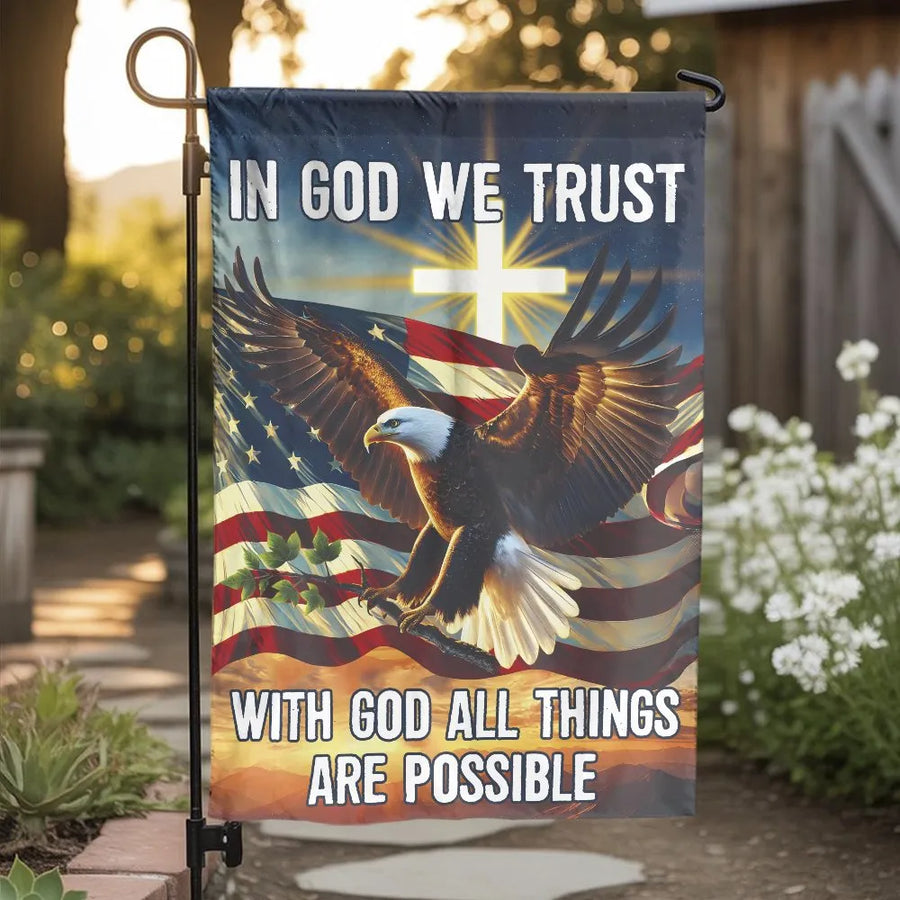 Christian Patriotic Garden Flag | In God We Trust Eagle & Cross Design | Double Sided Weather Resistant Polyester | Religious Home Decor Gift