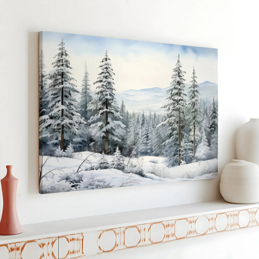 Winter Forest Canvas Wall Art | Snowy Pine Landscape Painting | Premium Gallery Wrap 1.25" Frame | Peaceful Holiday Home Decor Gift