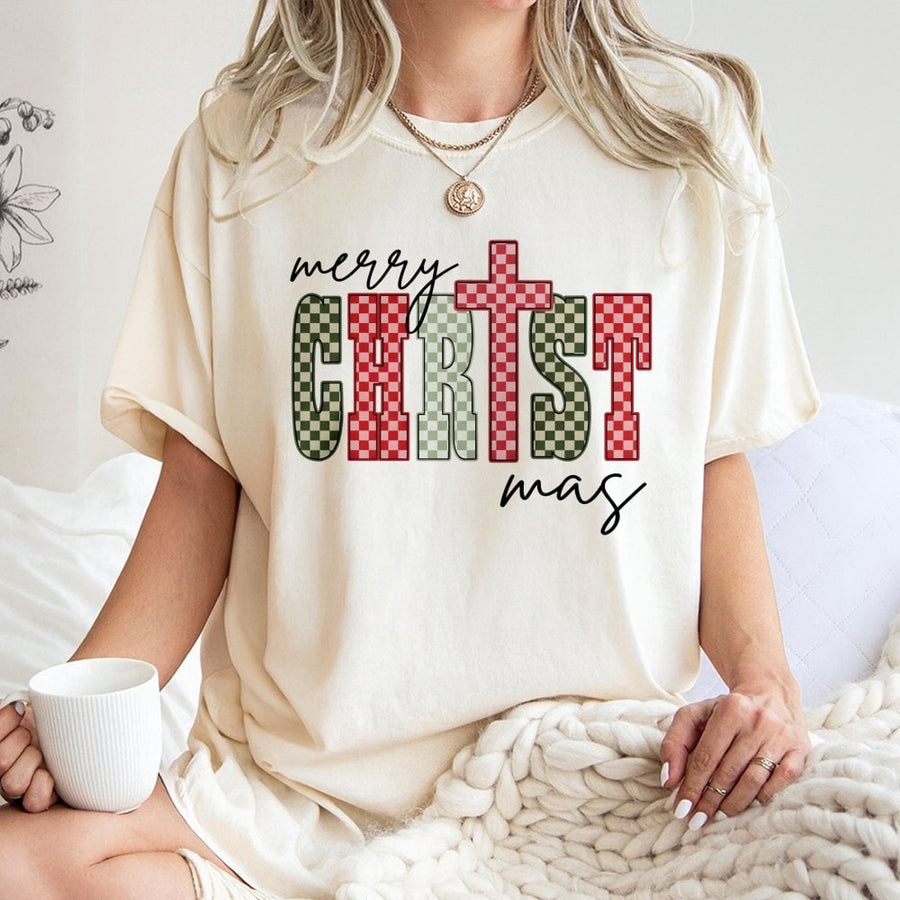 Merry Christmas T-Shirt | Checkered Cross Religious Graphic | 100% Cotton Premium Tee | Christian Holiday Gift for Women and Men