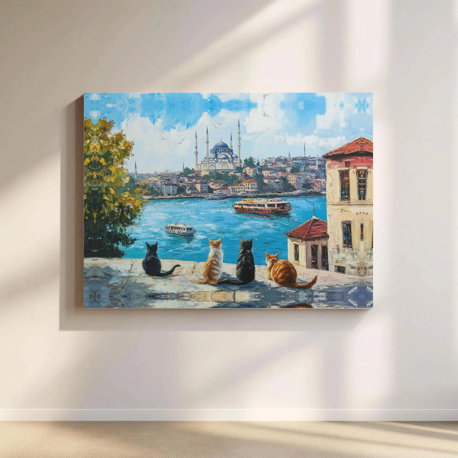 Istanbul Skyline Canvas Wall Art | Four Cats Painting Overlooking Bosphorus | Premium Gallery Wrap Print | Unique Travel Gift for Cat Lovers
