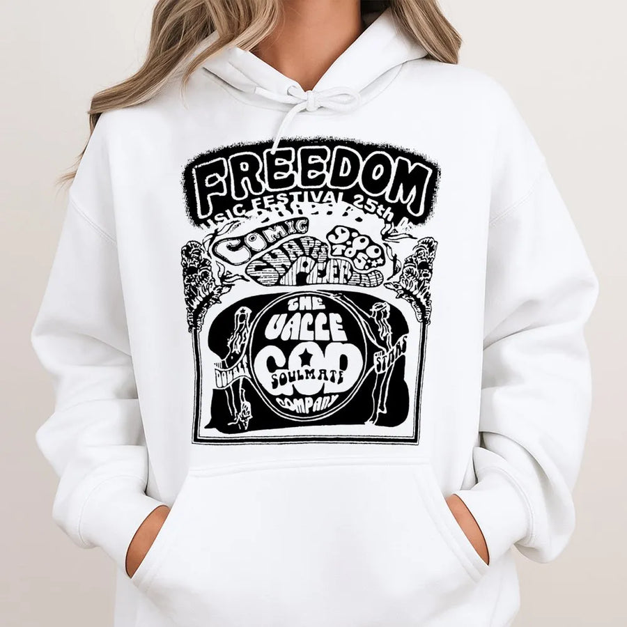 Freedom Music Festival Hoodie | Vintage 70s Psychedelic Graphic | Premium Cotton Blend | Retro Concert Lover Gift