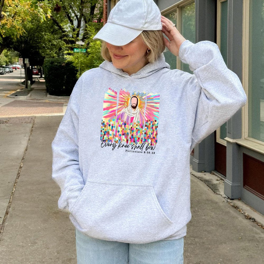 Every Knee Shall Bow Hoodie | Colorful Jesus Bible Verse Graphic | Premium Cotton Blend | Christian Faith Gift for Believers