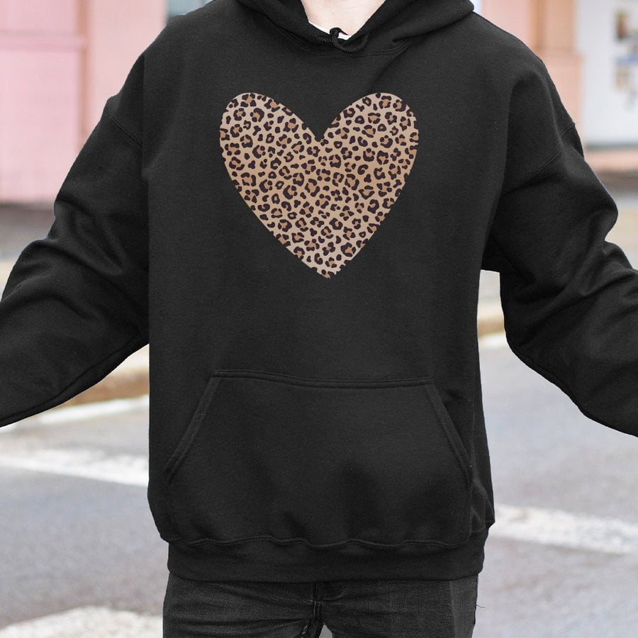 Leopard Heart Hoodie | Trendy Animal Print Graphic Sweatshirt | Premium Cotton-Blend Pullover | Cute Valentine Gift for Women & Teens