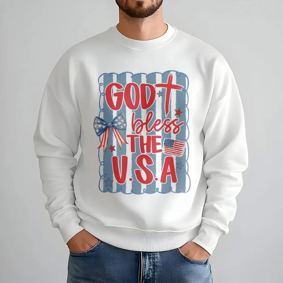God Bless The USA Sweatshirt | Patriotic Coquette Bow Graphic | Soft Cotton Blend | Christian 4th of July Gift For Women