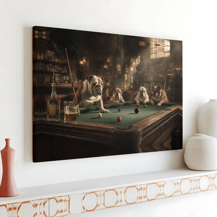 English Bulldog Pool Hall Canvas Art | Vintage Dogs Playing Billiards | Premium Gallery Wrap Print | Unique Man Cave Decor Gift