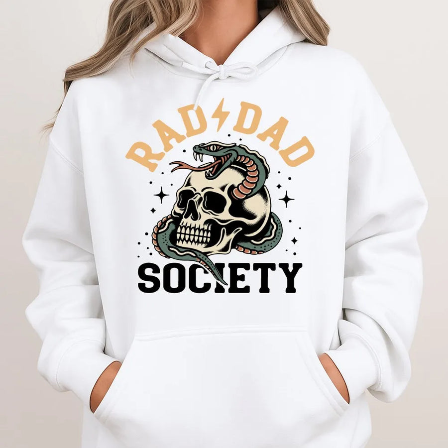 Rad Dad Society Hoodie | Retro Skull and Snake Graphic | Premium Cotton Blend | Father's Day Gift for New Dad