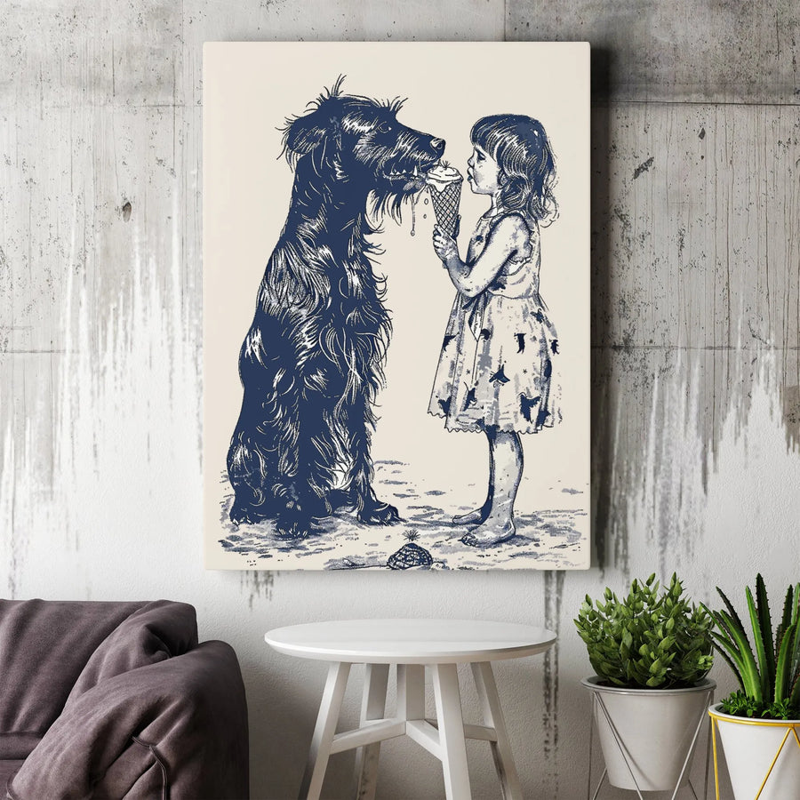 Vintage Dog and Girl Canvas Art | Sharing Ice Cream Illustration Print | Gallery Quality 1.25" Canvas Wall Decor | Heartwarming Gift for Dog Lovers
