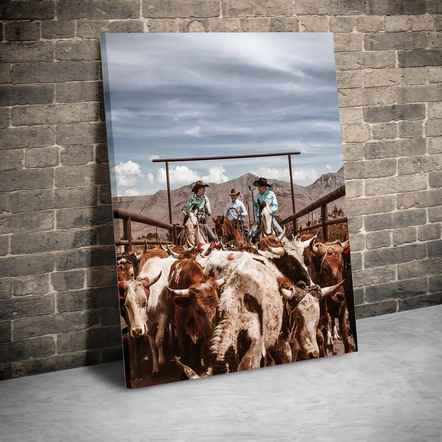 Cowboy Canvas Print | Ranchers Rounding Up Cattle Art | Premium Gallery Wrap Canvas | Rustic Farmhouse Decor Gift