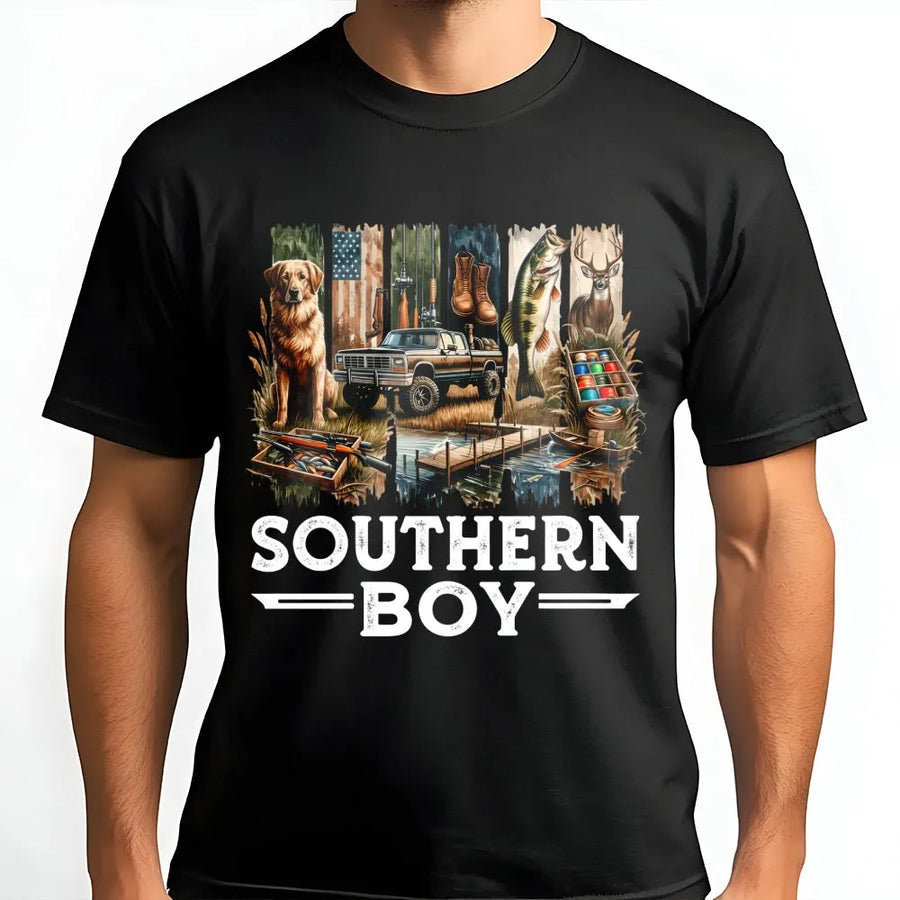 Southern Boy T-Shirt | Outdoor Country Life Graphic with Truck, Dog, and Fishing | Premium Cotton Tee | Gift for Country Boys and Men