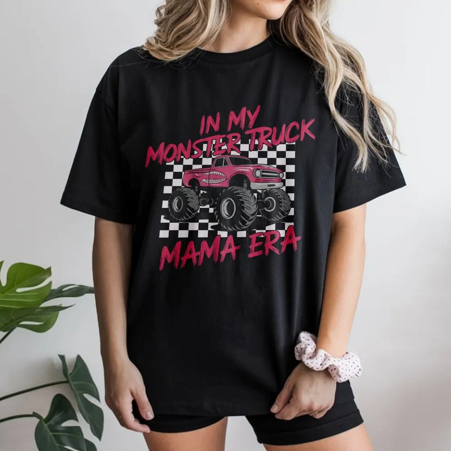 In My Monster Truck Mama Era T-Shirt | Retro Checkerboard Racing Mom Graphic Tee | 100% Soft Cotton Premium Quality | Funny Gift for Car-Loving Moms
