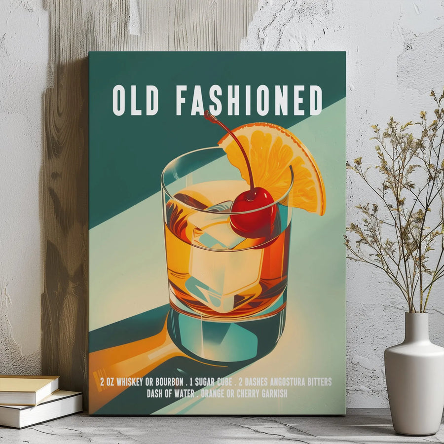 Old Fashioned Cocktail Recipe Canvas | Vintage Bar Cart Wall Art | Premium Gallery Wrap Print | Gift for Whiskey Lovers & Home Bartenders