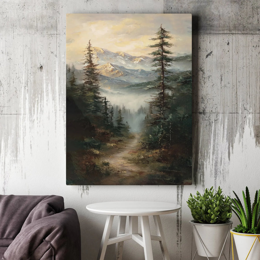 Misty Mountain Forest Canvas Wall Art | Serene Pine Tree Landscape Painting | Premium Gallery Wrapped Decor | Nature Lover Living Room Gift